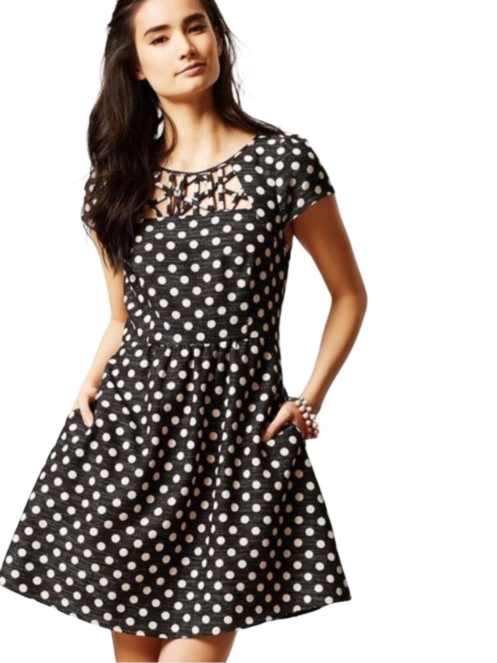 Anthro Maeve Nicola Black & White Polka Dot Fit & Flare Dress